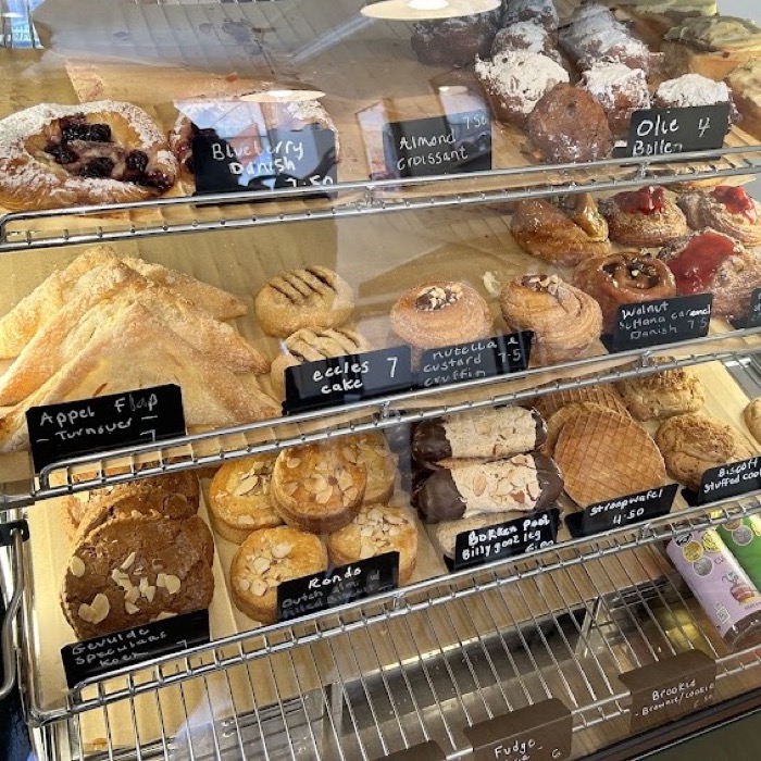 The bakery's display cabinet full of pastries