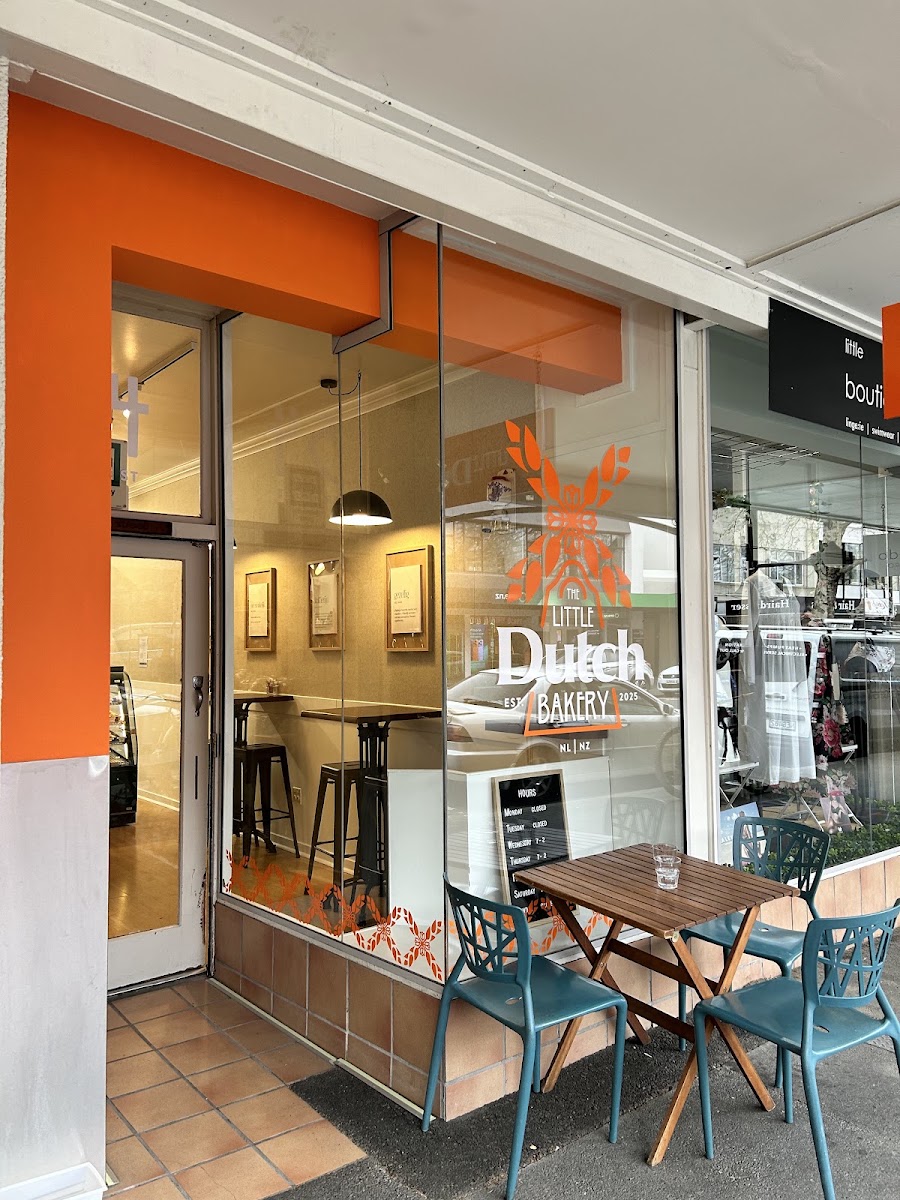 The Little Dutch Bakery shopfront on Bridge Street, Nelson, with the windmill logo on the window